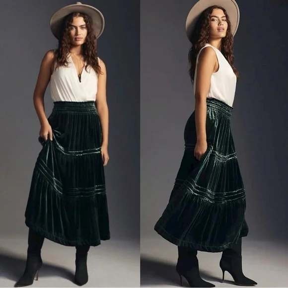 Anthropologie Skirt Womens Small Somerset Velvet Tiered Maxi Green Boho Party